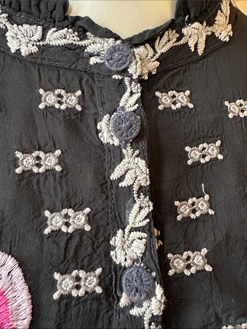 Johnny Was Black Blouse with Pink Rose Embroidery - Picture 7 of 9